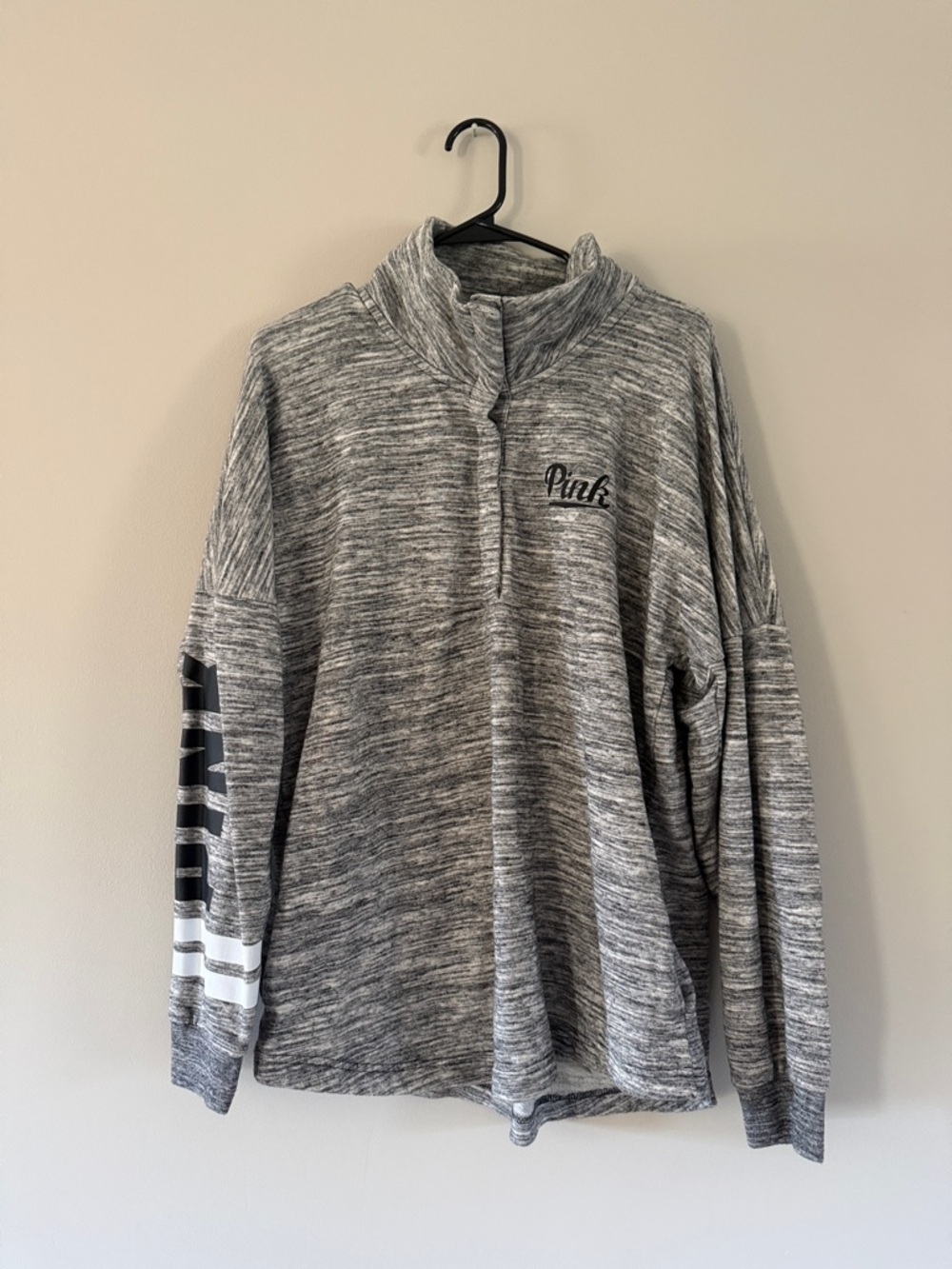 PINK Victoria's Secret | Gray Heather Quarter-Zip Pullover with Sleeve Stripe